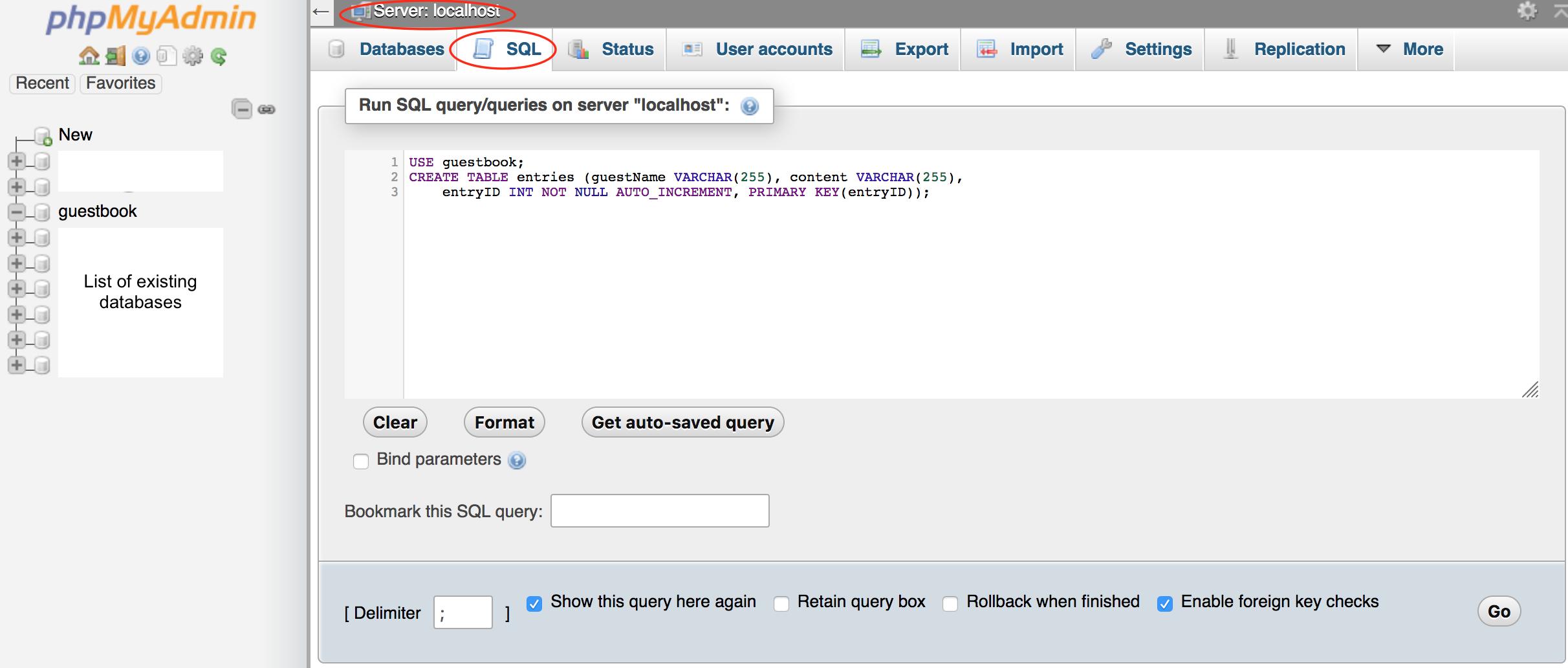 screen showing the SQL command to create a table