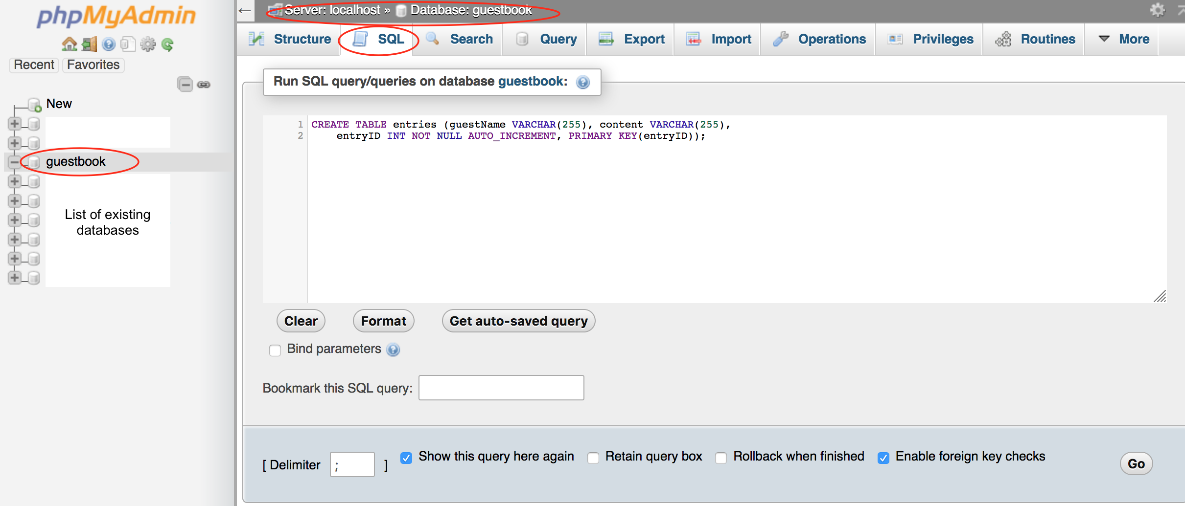 screen showing the SQL command to create a table