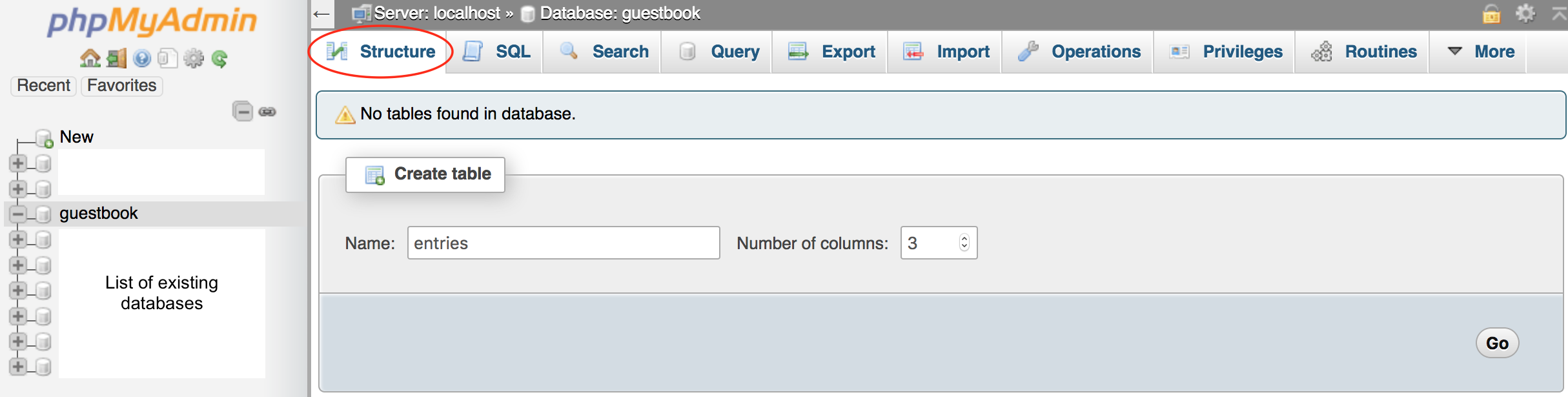 screen showing the create table screen of phpMyAdmin