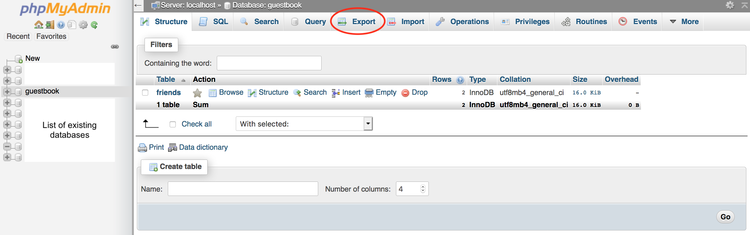 screen showing how to export SQL file