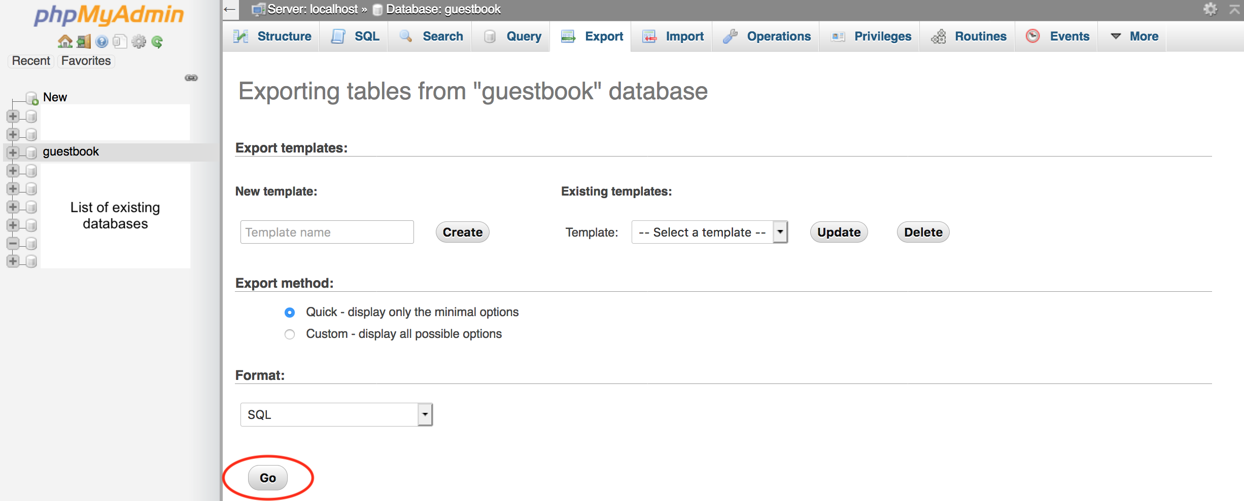 screen showing how to export SQL file