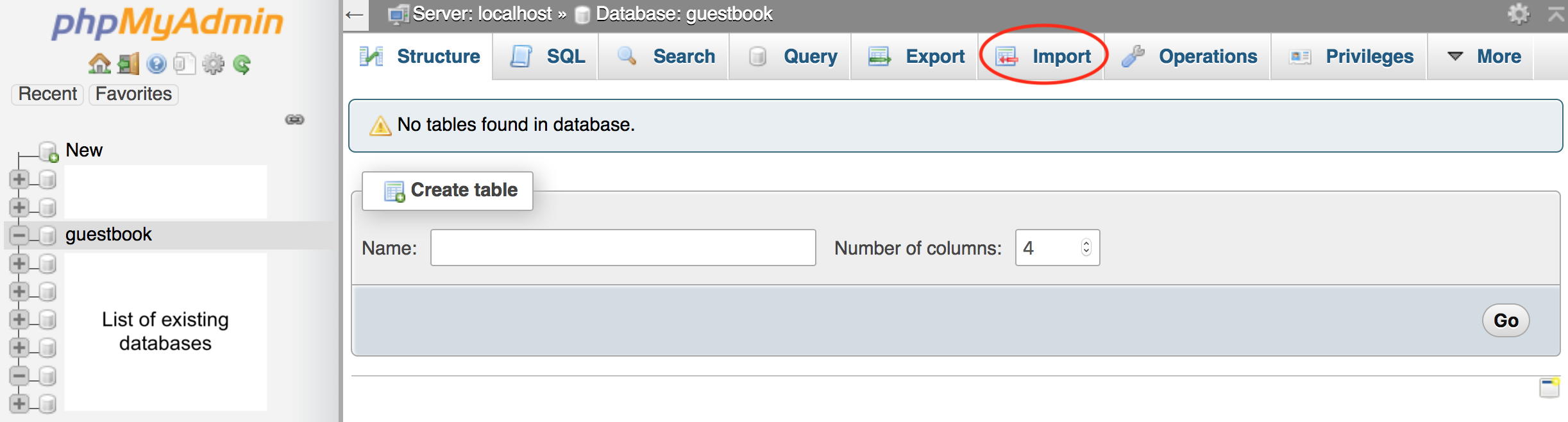 screen showing how to import SQL file