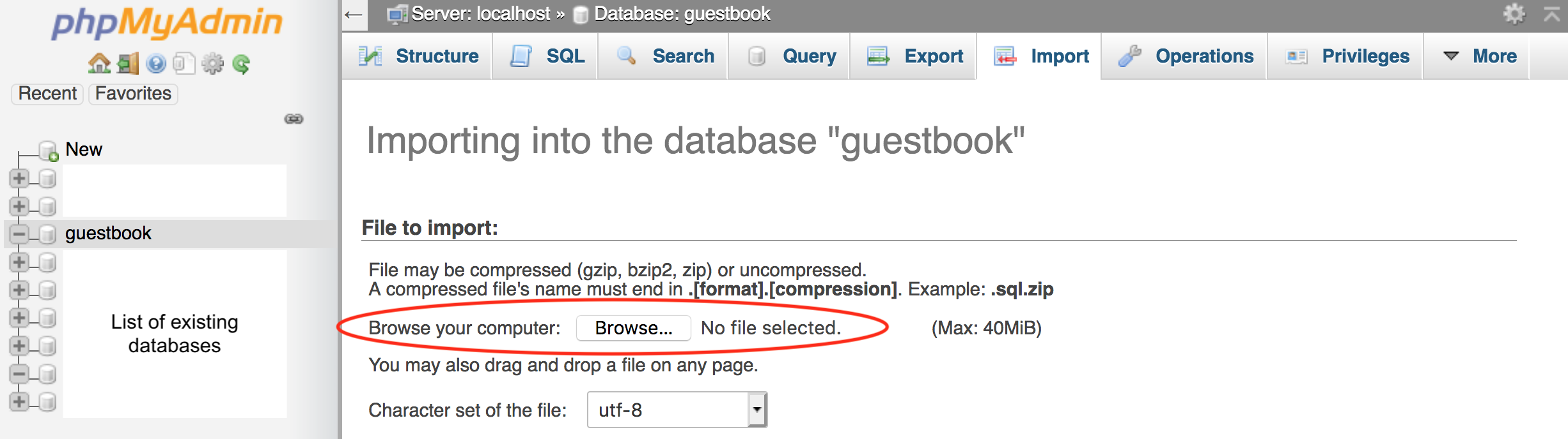 screen showing how to import SQL file