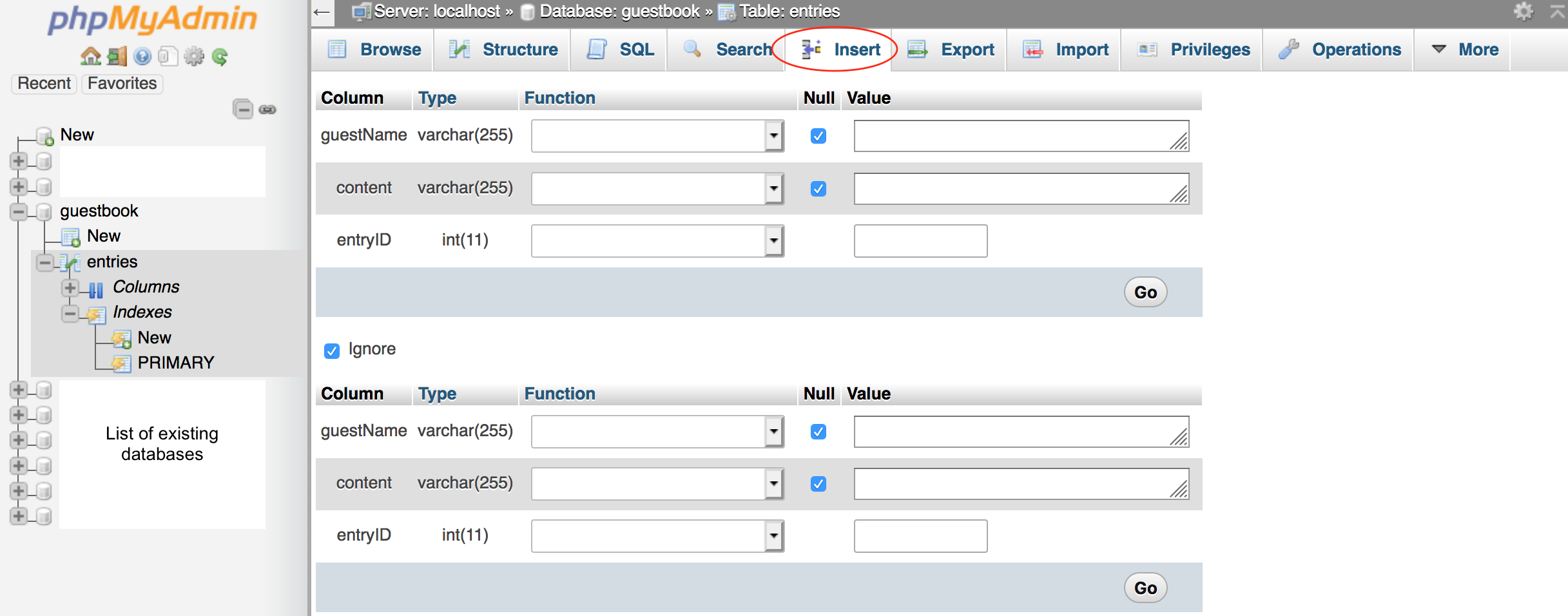 screen showing the insert data screen of phpMyAdmin