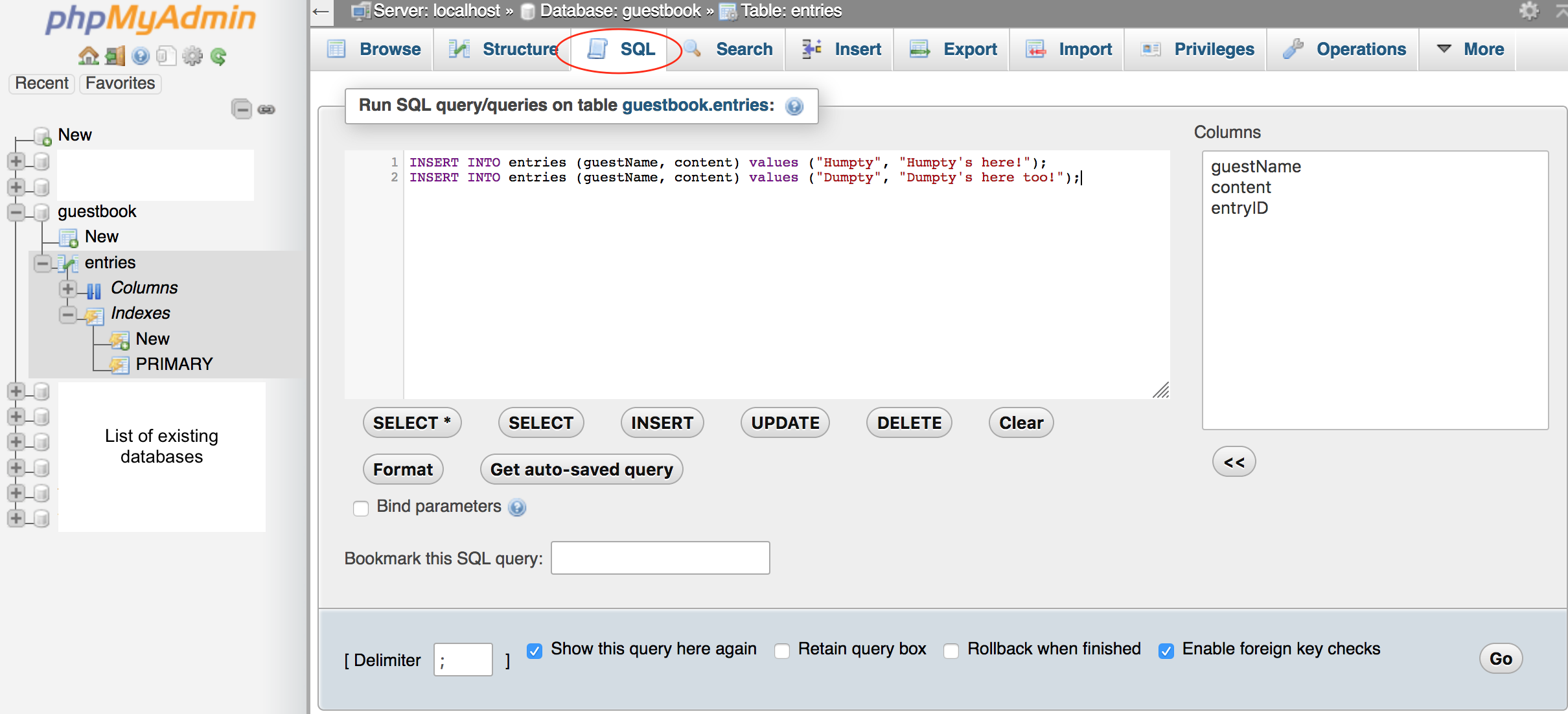 screen showing the SQL command to insert data into a table