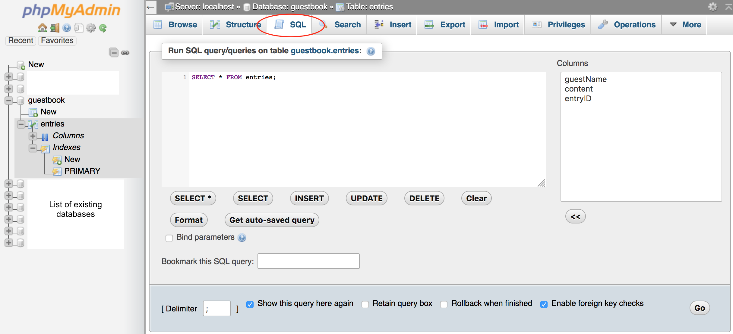 screen showing the SQL command to retrieve data from a table