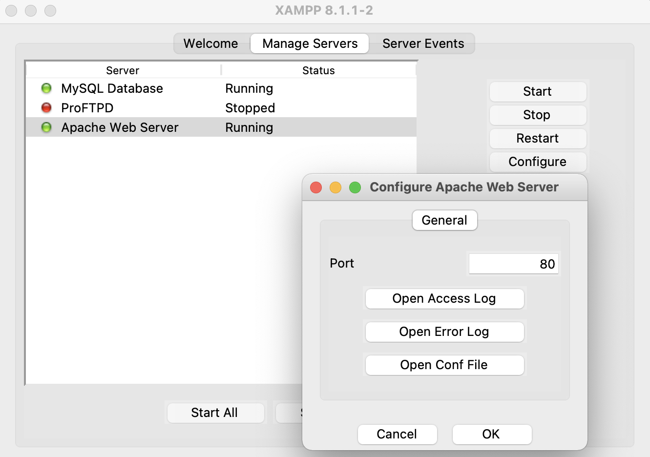 sample screen to configure the port number