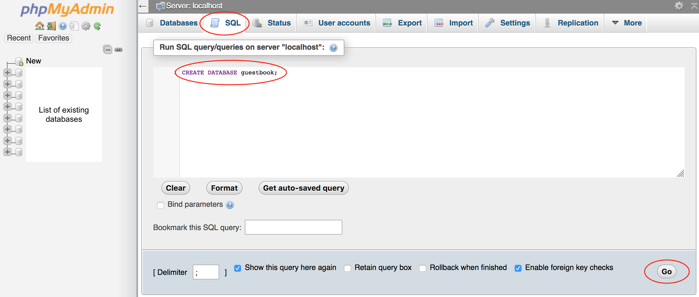 screen showing the SQL command to create a database