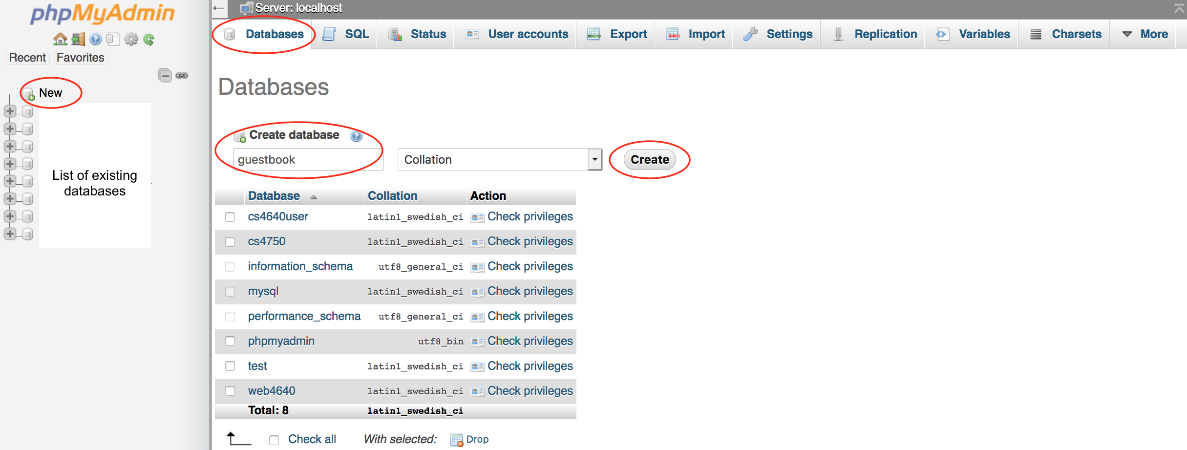 screen showing the create database screen of phpMyAdmin