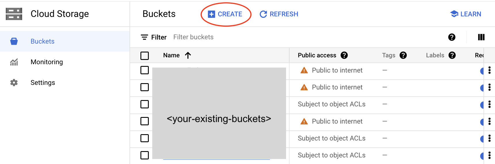 image showing how to create GCP bucket