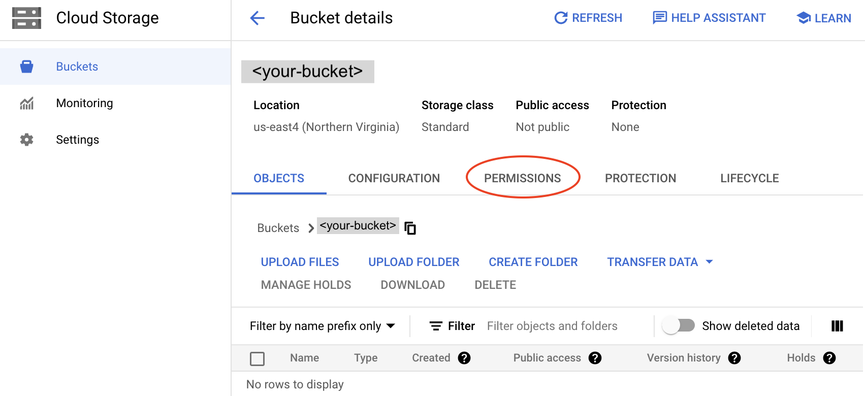 image showing how to set permission on a bucket