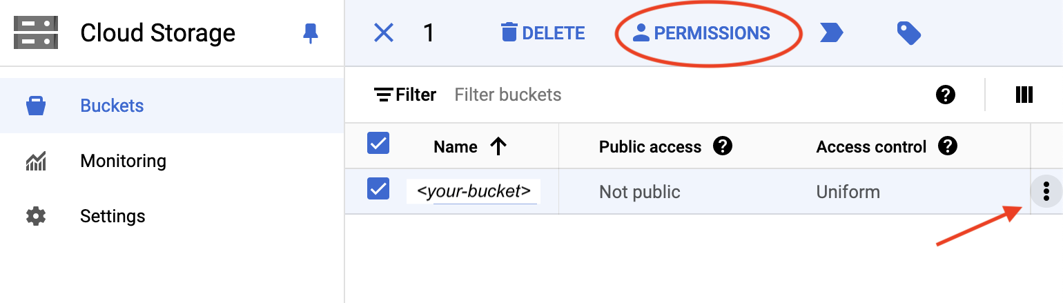 image showing how to set permission on a bucket