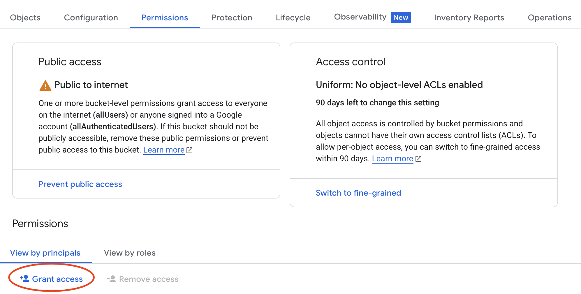 image showing how to set permission on a bucket