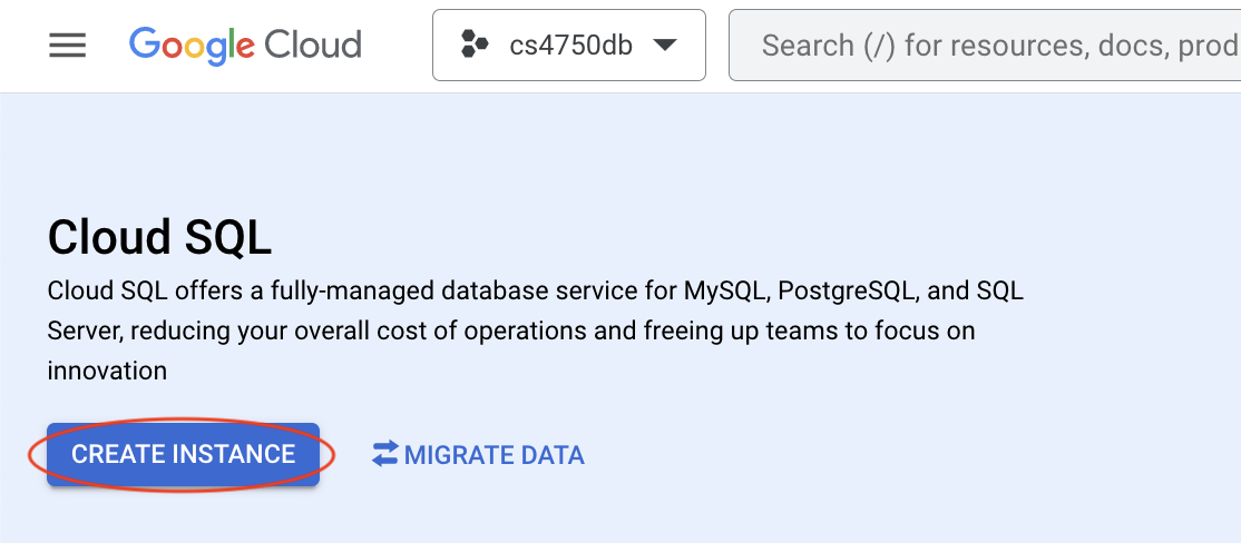 image showing how to create a SQL instance