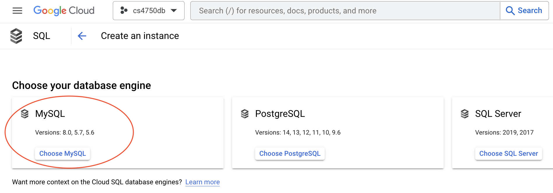 image showing how to create a SQL instance