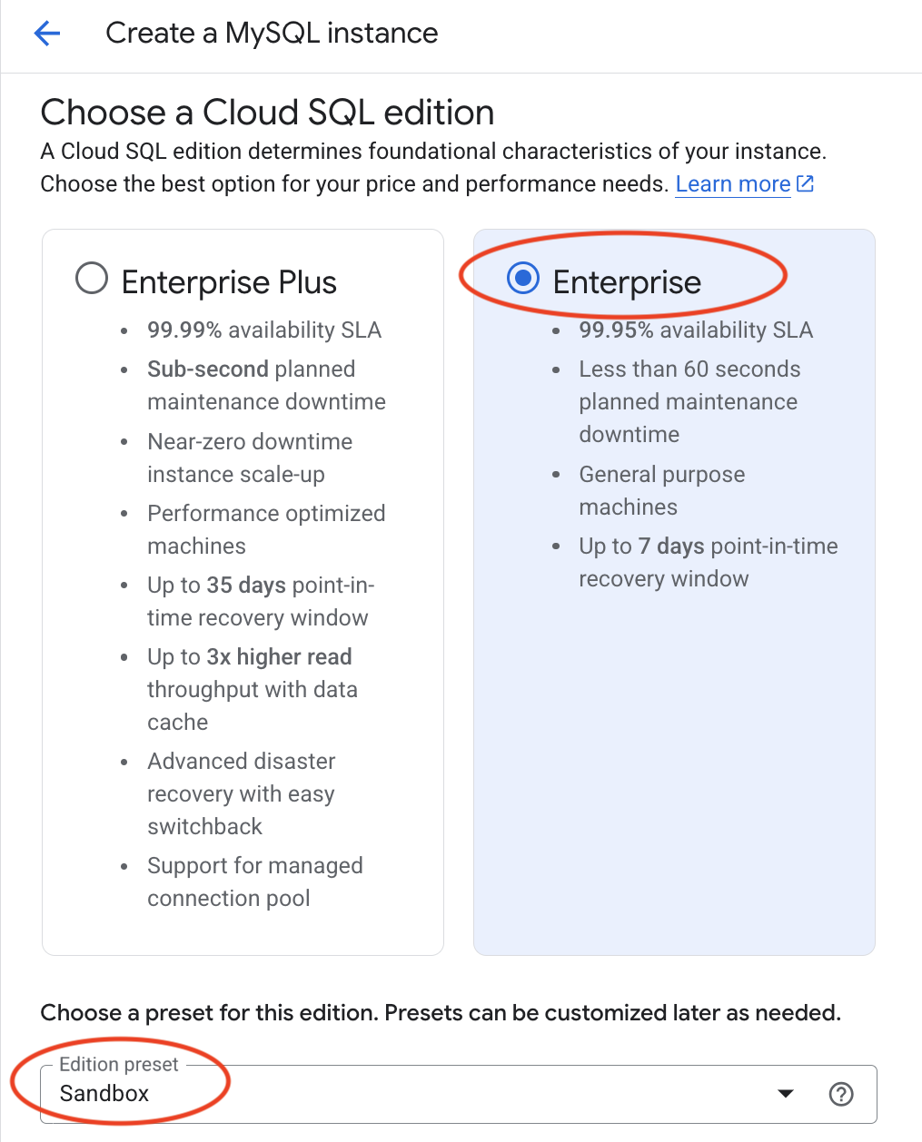 image showing how to create a SQL instance