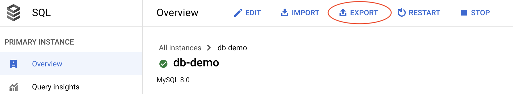 image showing how to export a .sql file from the Cloud SQL instance