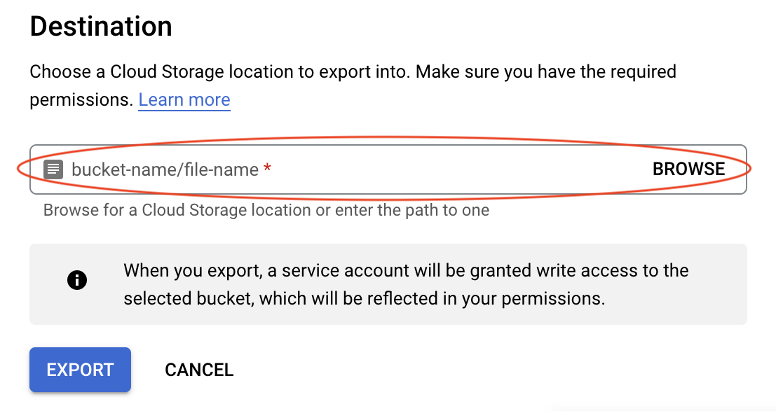 image showing how to export a .sql file from the Cloud SQL instance