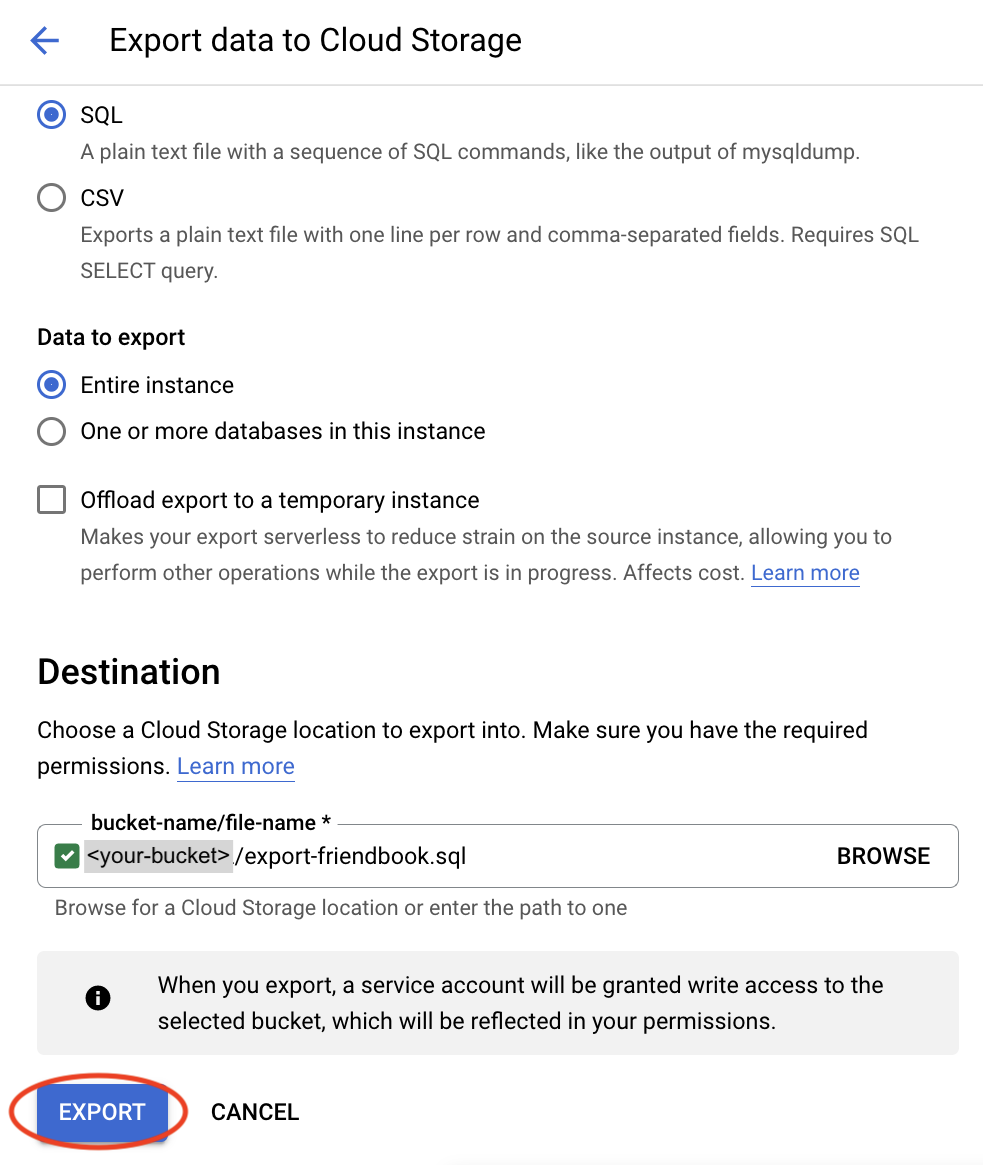 image showing how to export a .sql file from the Cloud SQL instance