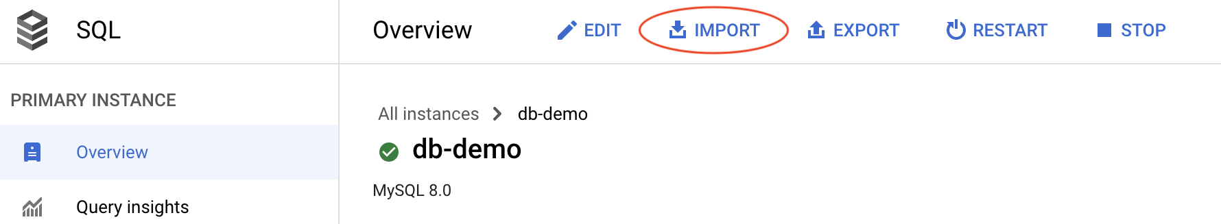 image showing how to import a .sql file to the Cloud SQL instance