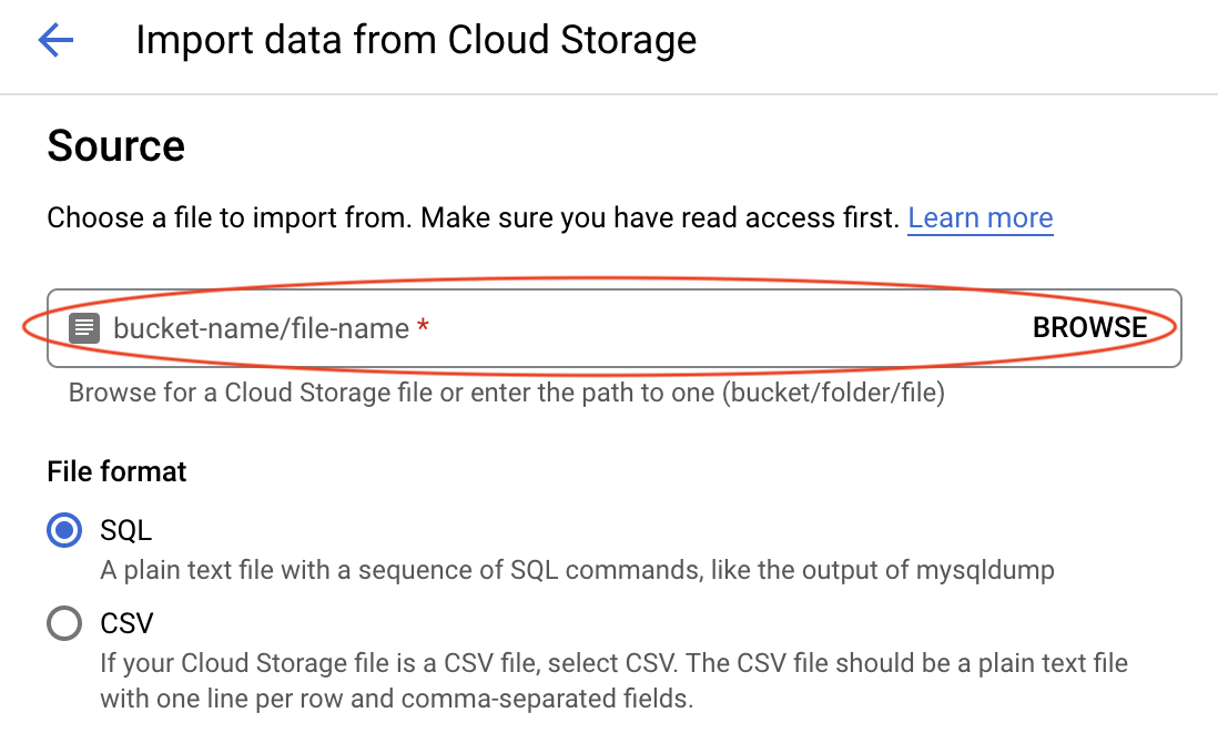 image showing how to import a .sql file to the Cloud SQL instance