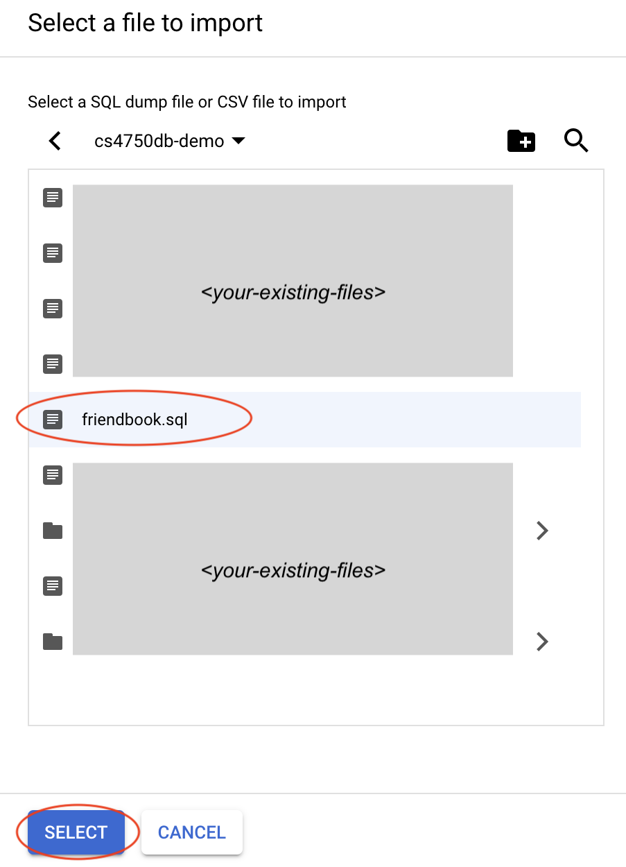 image showing how to import a .sql file to the Cloud SQL instance