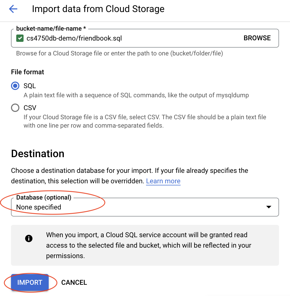 image showing how to import a .sql file to the Cloud SQL instance