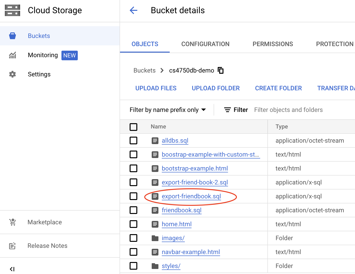 image showing how to export a .sql file from the Cloud SQL instance