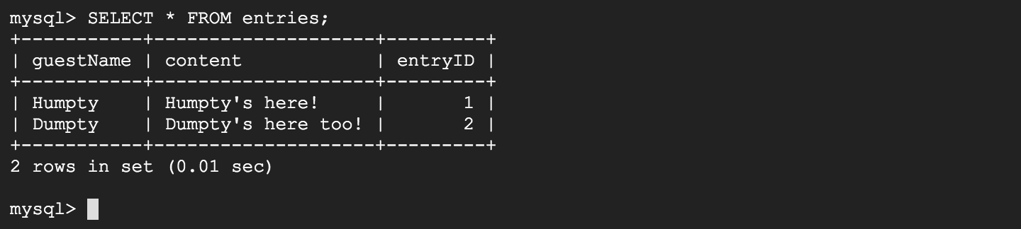 screen showing the SQL command to retrieve data from a table