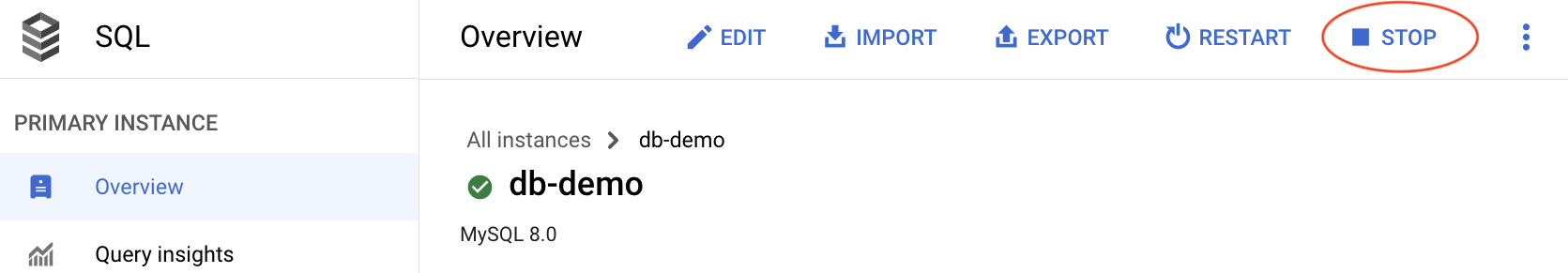 image showing how to stop a MySQL instance