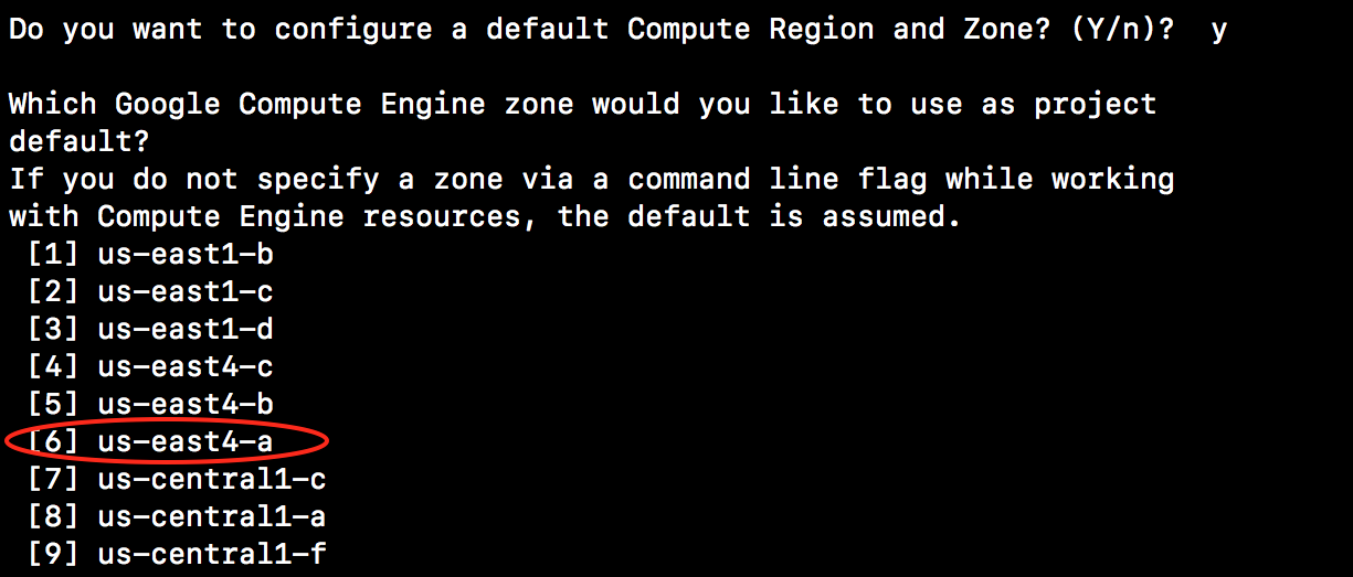 example screen to configure Google Compute Engine Zone