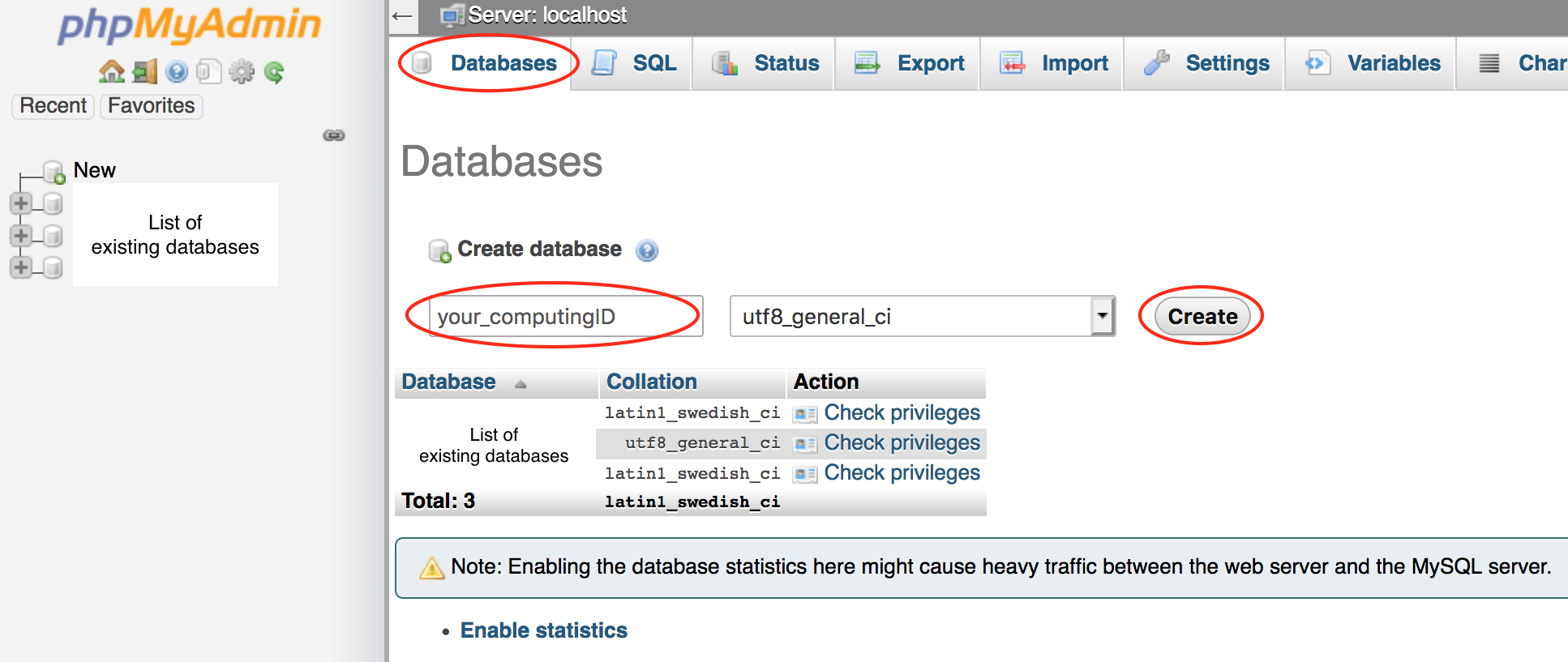 screen showing the create database screen of phpMyAdmin