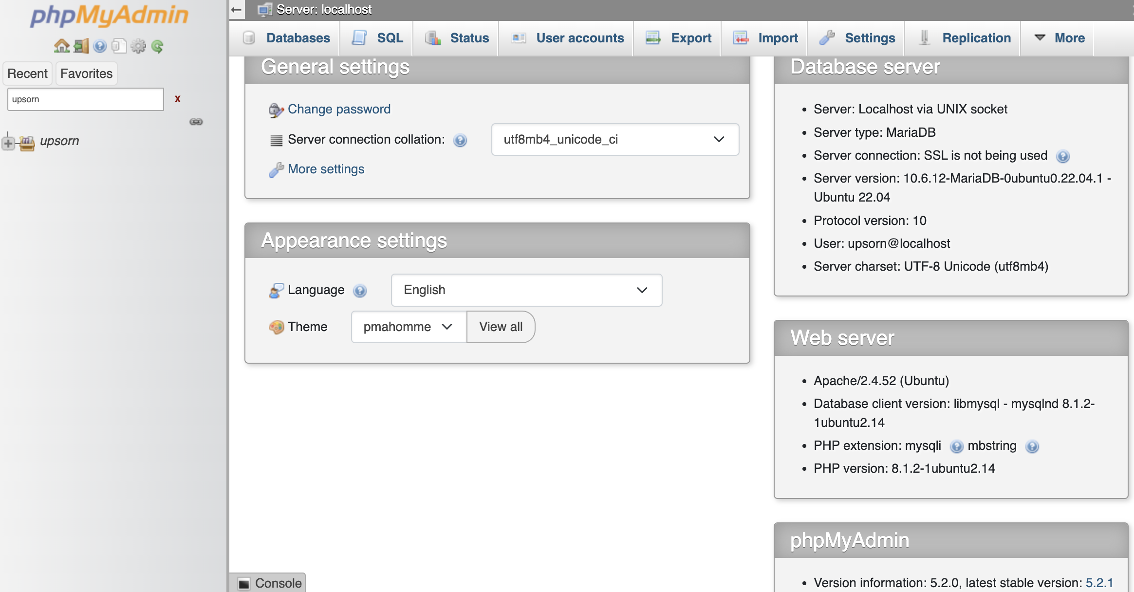 UVA CS phpMyAdmin dashboard