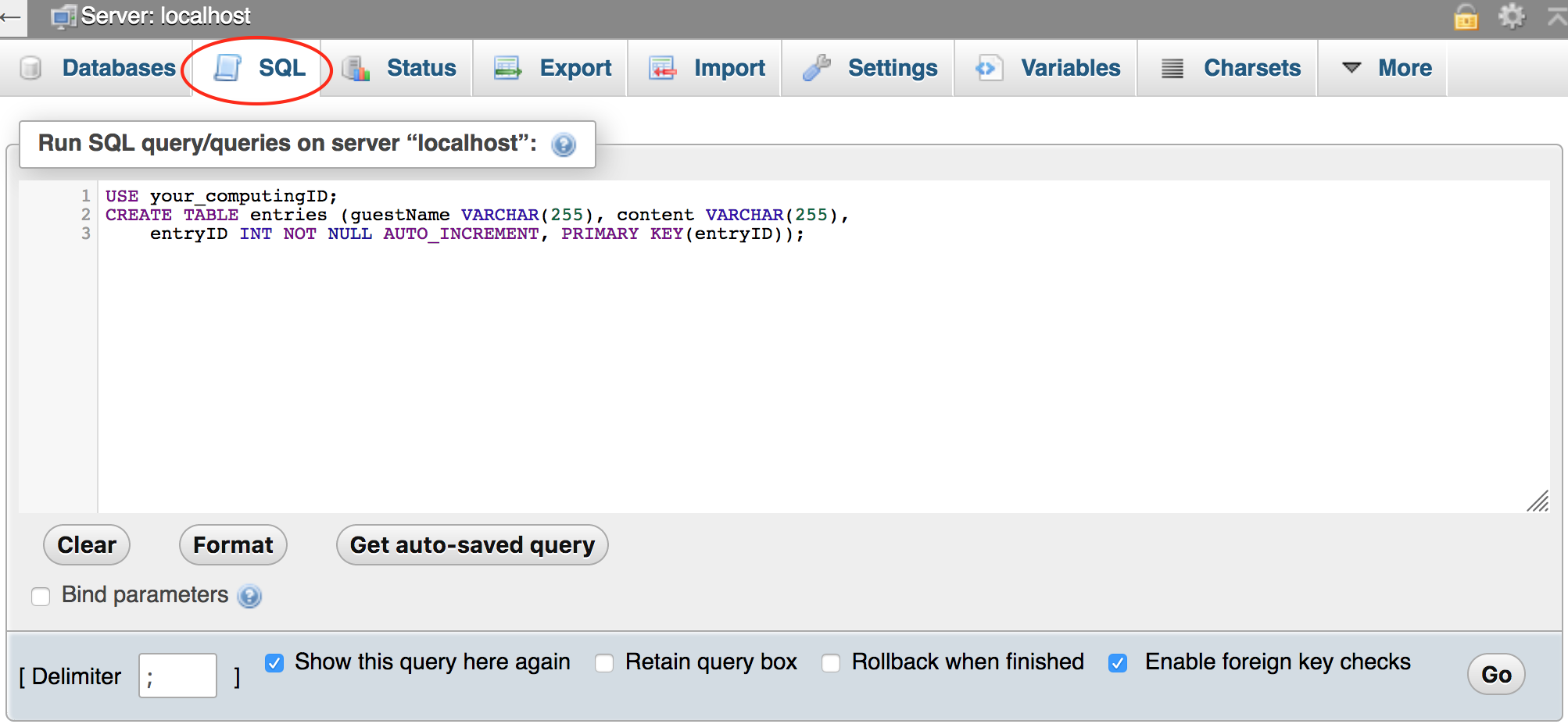 screen showing the SQL command to create a table