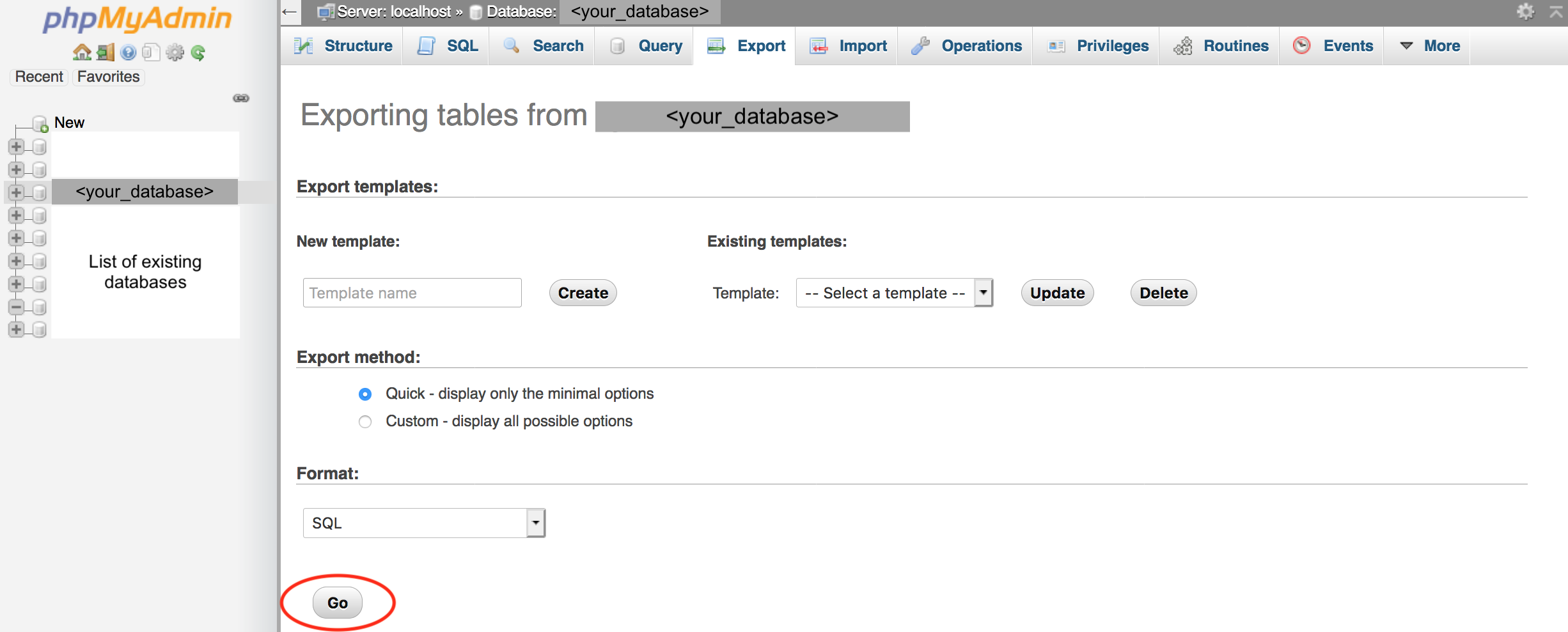 screen showing how to export SQL file