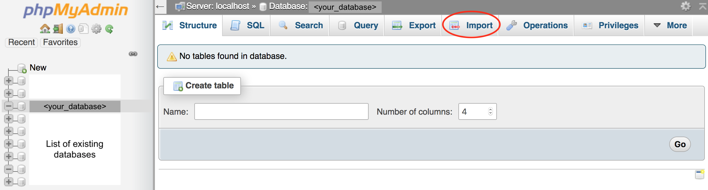 screen showing how to import SQL file