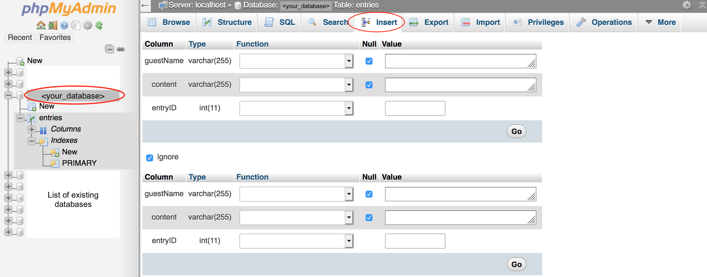 screen showing the insert data screen of phpMyAdmin