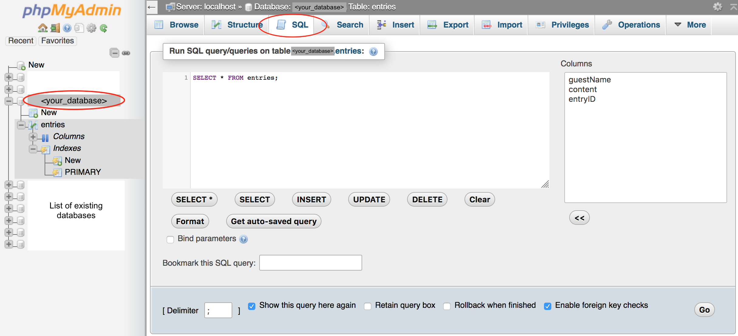 screen showing the SQL command to retrieve data from a table