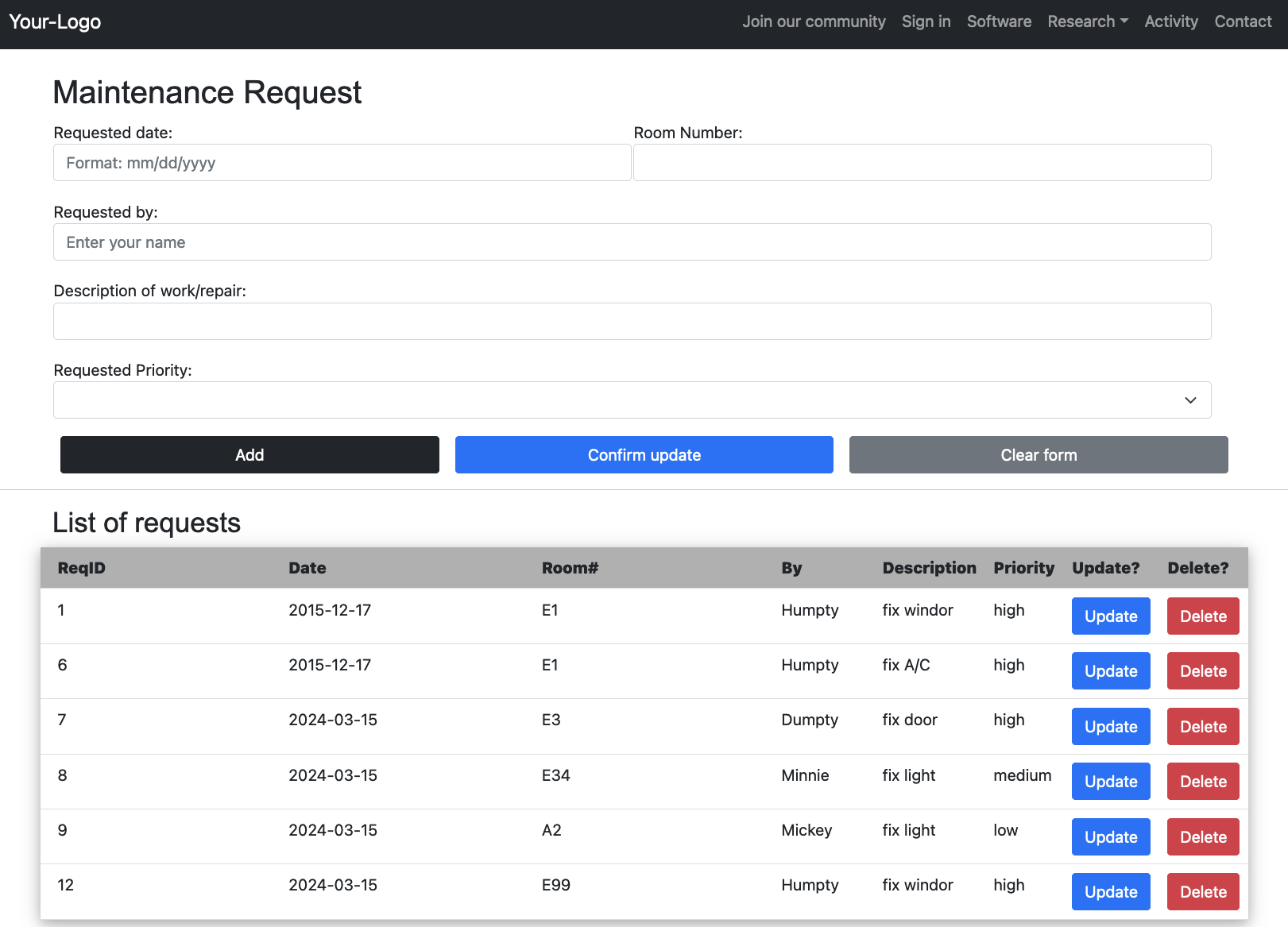 sample maintenance request screen for potd5